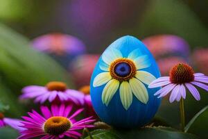 un azul huevo con un flor pintado en eso se sienta en el medio de un campo de flores generado por ai foto