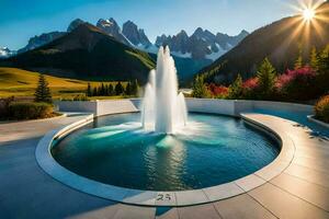 a fountain in the middle of a courtyard with mountains in the background. AI-Generated photo