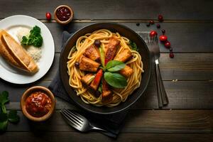 chicken spaghetti with sauce and bread on a wooden table. AI-Generated photo