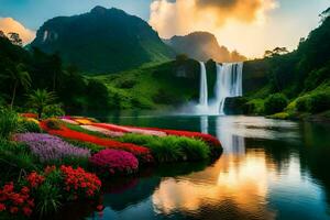 the waterfall in the background is surrounded by colorful flowers. AI-Generated photo