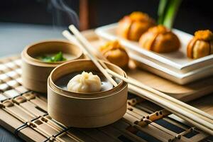 dumplings in bamboo containers with chopsticks on a table. AI-Generated photo