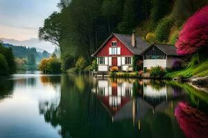 a house sits on the side of a river. AI-Generated photo