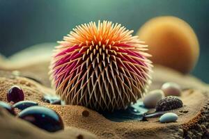 a ball of spiky, colorful objects on a sandy surface. AI-Generated photo