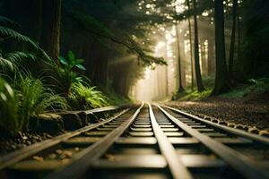 a train track in the woods with trees and grass. AI-Generated photo