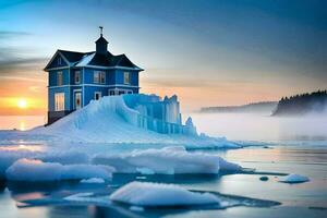 a house on an iceberg in the middle of the ocean. AI-Generated photo