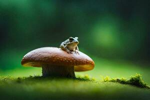 a frog sits on top of a mushroom in the forest. AI-Generated photo