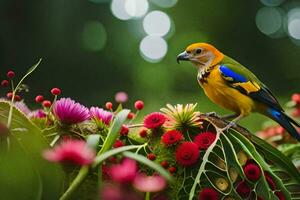 a colorful bird sits on top of a bunch of flowers. AI-Generated photo