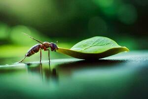 un pequeño insecto es en pie en un hoja. generado por ai foto