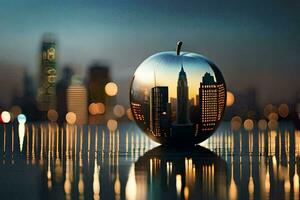 an apple with a cityscape in the reflection. AI-Generated photo