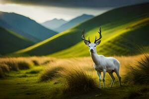 a white deer stands in the middle of a grassy field. AI-Generated photo