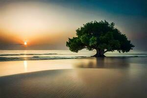 a lone tree stands on the beach at sunset. AI-Generated photo