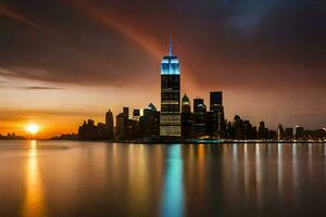 el horizonte de nuevo York ciudad a puesta de sol. generado por ai foto