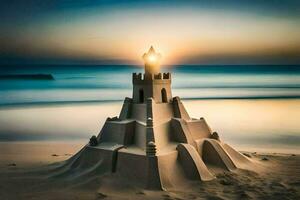 sand castle on the beach at sunset. AI-Generated photo