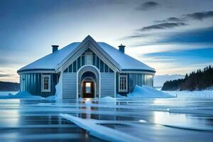 a house on ice in the middle of a lake. AI-Generated photo