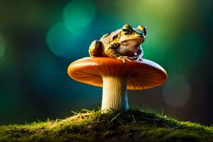 a frog sits on top of a mushroom. AI-Generated photo