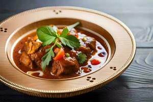 un dorado plato con carne y vegetales en un salsa. generado por ai foto