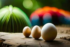 three eggs are sitting on a wooden table. AI-Generated photo