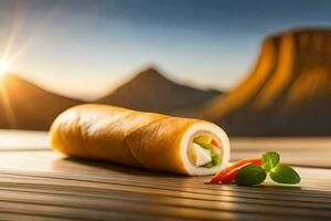 un rodar de Sushi en un mesa con montañas en el antecedentes. generado por ai foto