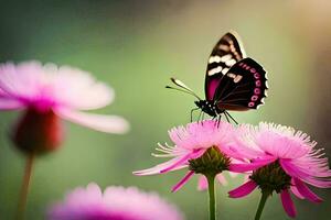 un mariposa es sentado en algunos rosado flores generado por ai foto