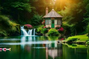 photo wallpaper water, the forest, the pond, the waterfall, the house, the waterfall,. AI-Generated