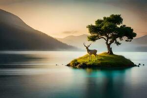 un ciervo soportes en un isla en el medio de un lago. generado por ai foto