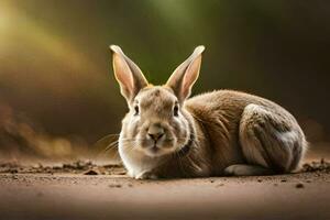 a rabbit is sitting on the ground in front of a blurry background. AI-Generated photo