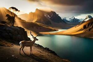 a deer stands on the edge of a lake in the mountains. AI-Generated photo