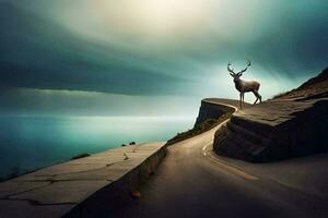 un ciervo soportes en el borde de un la carretera con vista a el océano. generado por ai foto