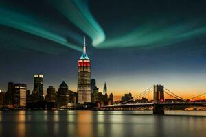 the aurora lights shine over the empire state building. AI-Generated photo