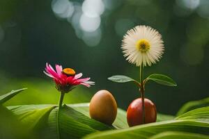 two eggs and a flower on a leaf. AI-Generated photo