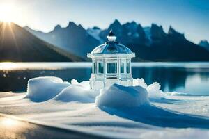 a small white light is sitting on top of a snow covered lake. AI-Generated photo