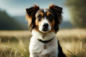 un perro sentado en un campo con un verde antecedentes. generado por ai foto