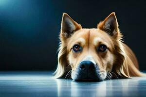 un perro tendido en el piso con sus cabeza abajo. generado por ai foto