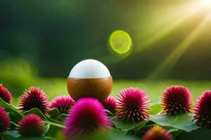 an egg is sitting on top of some flowers. AI-Generated photo