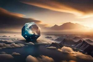 a diamond floating in the sky above clouds. AI-Generated photo