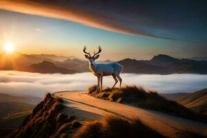 the deer is standing on the edge of a mountain at sunset. AI-Generated photo