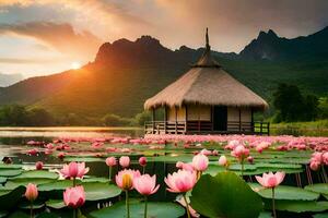 the lotus pond in the morning. AI-Generated photo