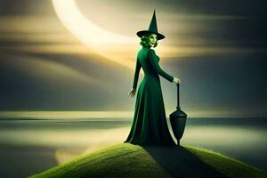 a witch standing on a hill with an umbrella. AI-Generated photo