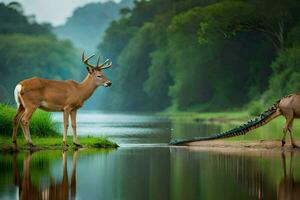 a deer and an alligator standing next to a river. AI-Generated photo