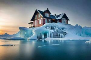 a house sits on top of an iceberg in the middle of the ocean. AI-Generated photo