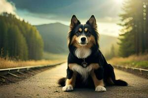 un perro sentado en el la carretera en frente de un bosque. generado por ai foto