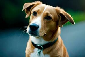 a brown dog with a collar on sitting on the ground. AI-Generated photo