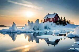 a red house sits on top of an iceberg in the middle of the ocean. AI-Generated photo