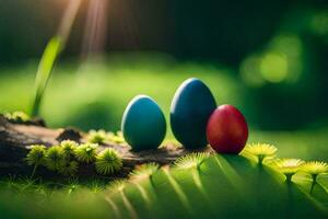 three colorful easter eggs sit on a branch in the grass. AI-Generated photo