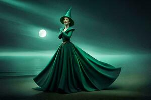 a woman in green dress standing on the beach with a full moon in the background. AI-Generated photo