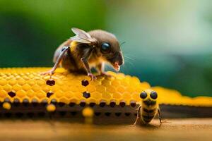 a bee and a mouse are sitting on top of a honeycomb. AI-Generated photo