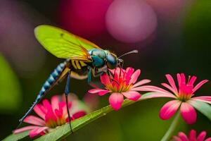 un libélula en rosado flores generado por ai foto