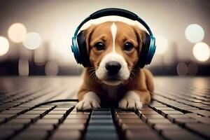 a puppy wearing headphones on a keyboard. AI-Generated photo