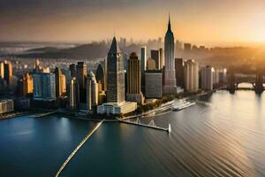 the sun rises over the city skyline in new york. AI-Generated photo
