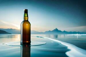 a bottle of beer sits on the water in front of a mountain. AI-Generated photo